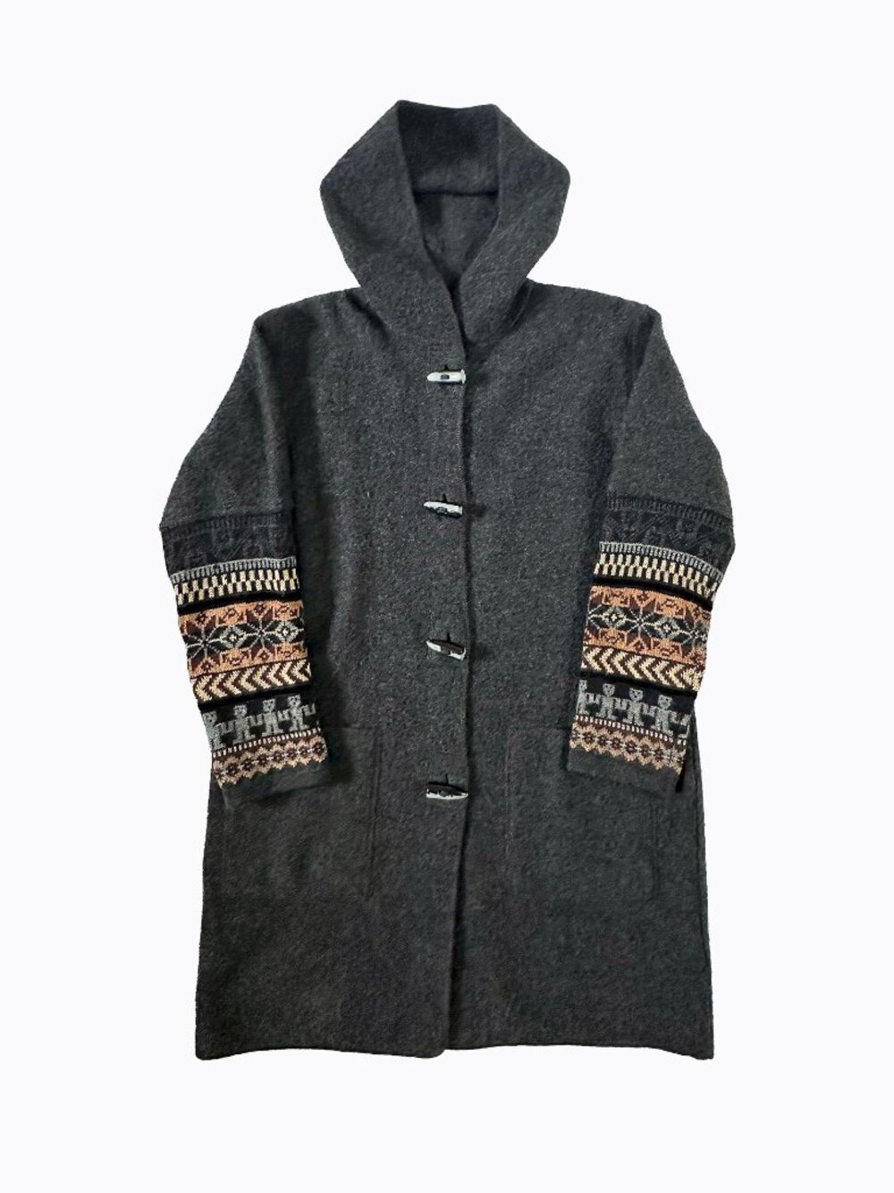 Vtg Rene Derhy Paris Wool Sweater Coat S Hooded Fair Isle Toggle Gray Cardigan